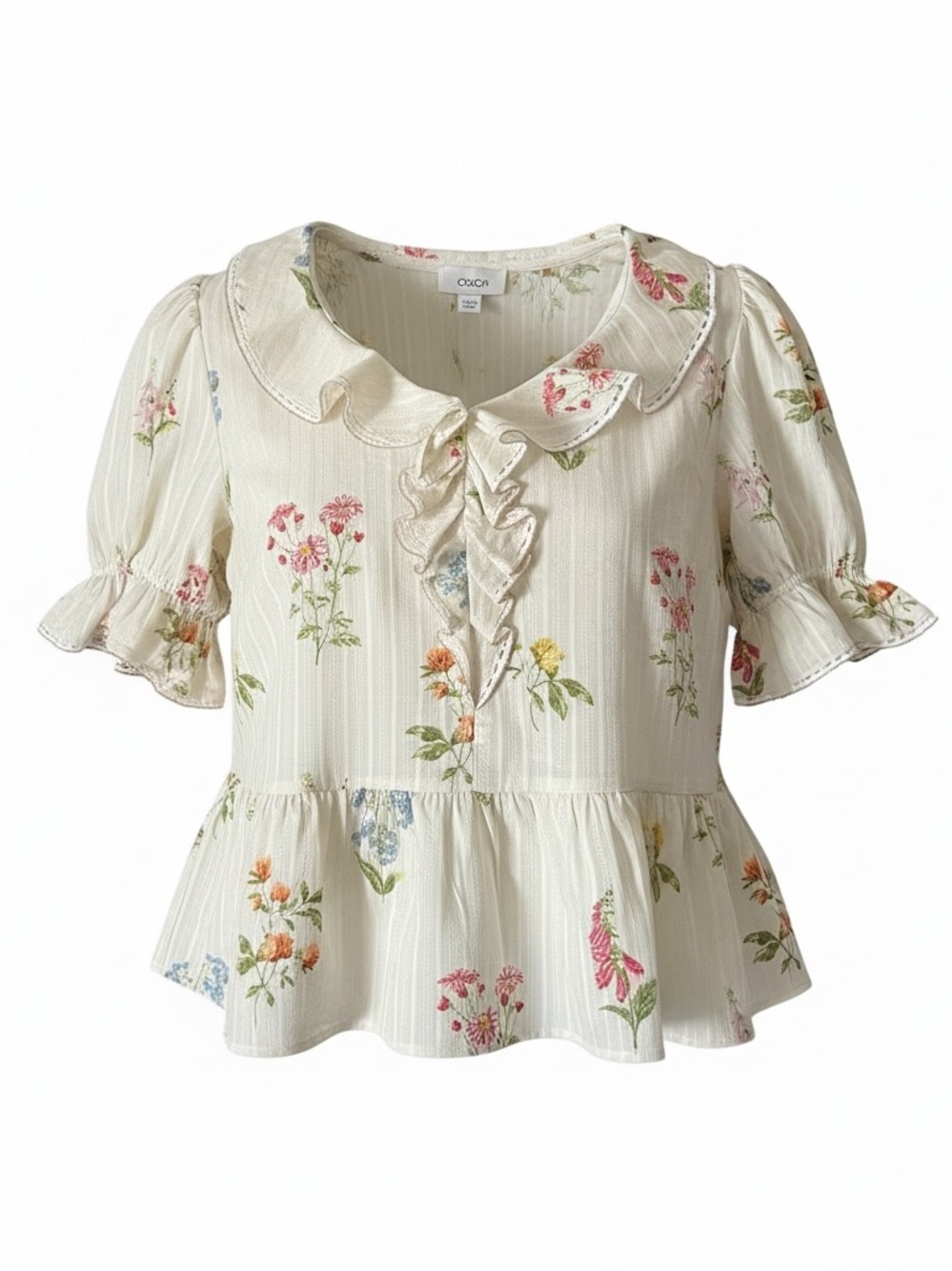 Cece Botanical Short Sleeve Puff Sleeve Blouse-Size Medium